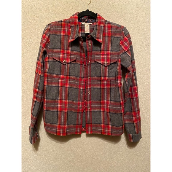 Sundance Red and Gray Wool Blend Plaid Button-Up Shirt With Back Lace Detailing - Picture 1 of 4